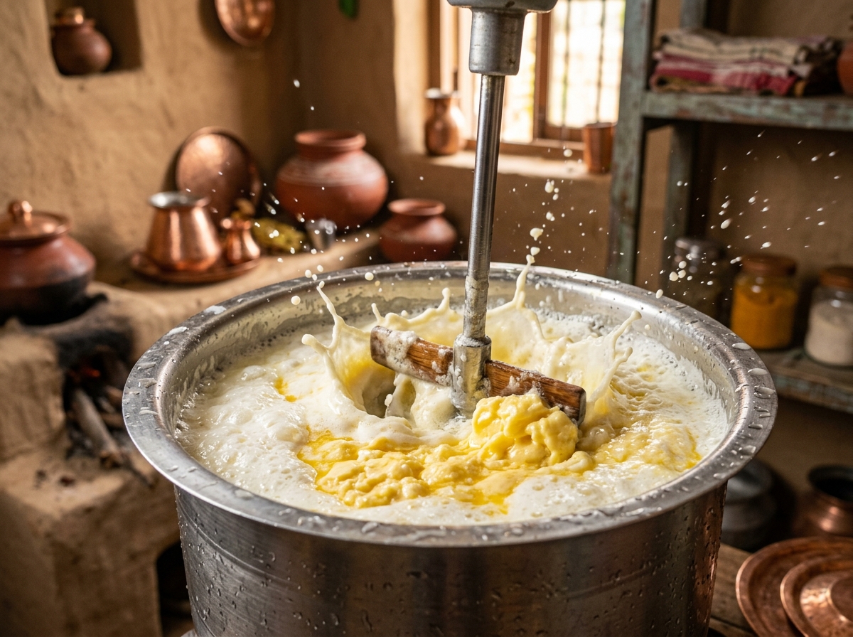 electric madhani churning dahi into makhan
